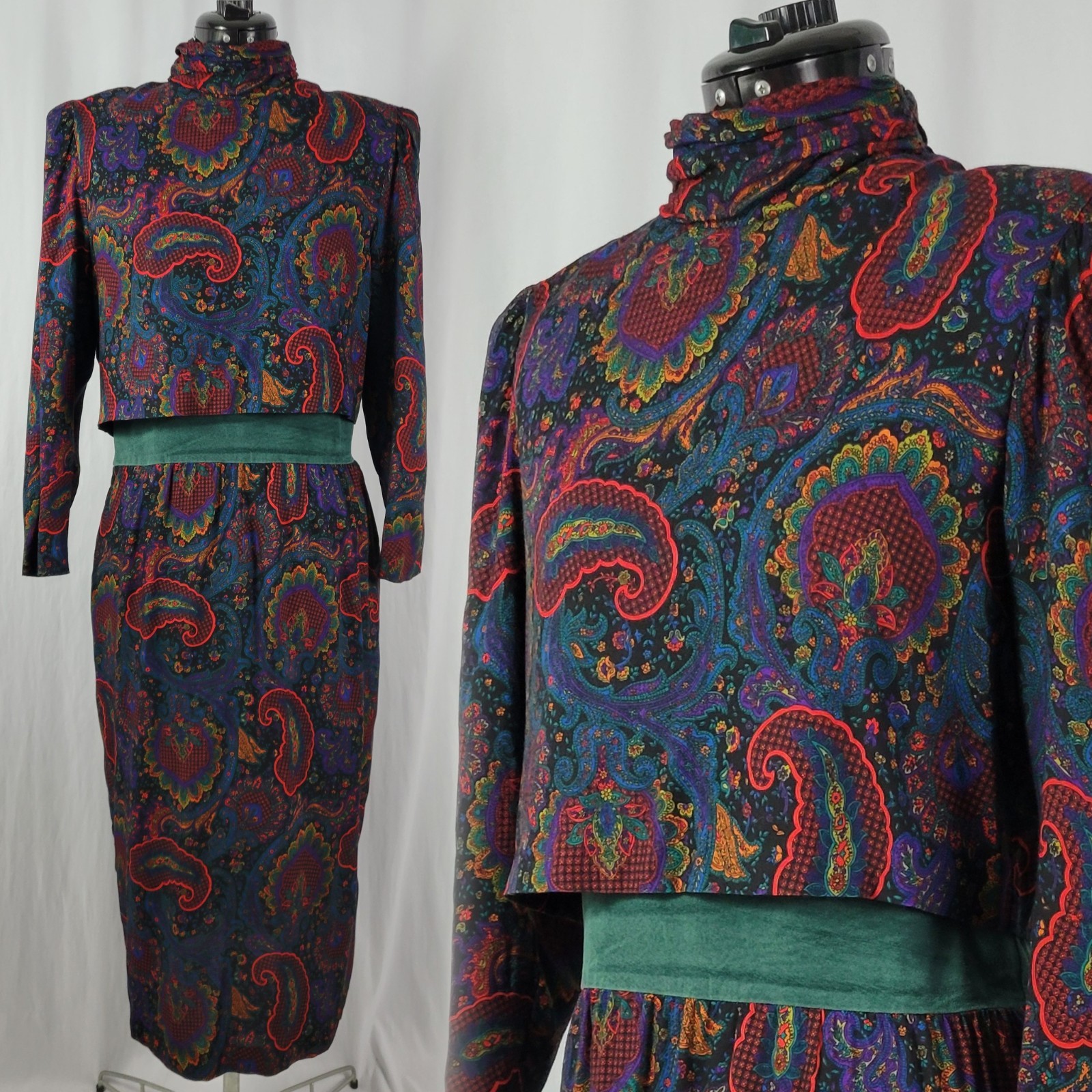 Vintage Patty O’Neil Multicolored Paisley Print Dress w Overblouse Size 14