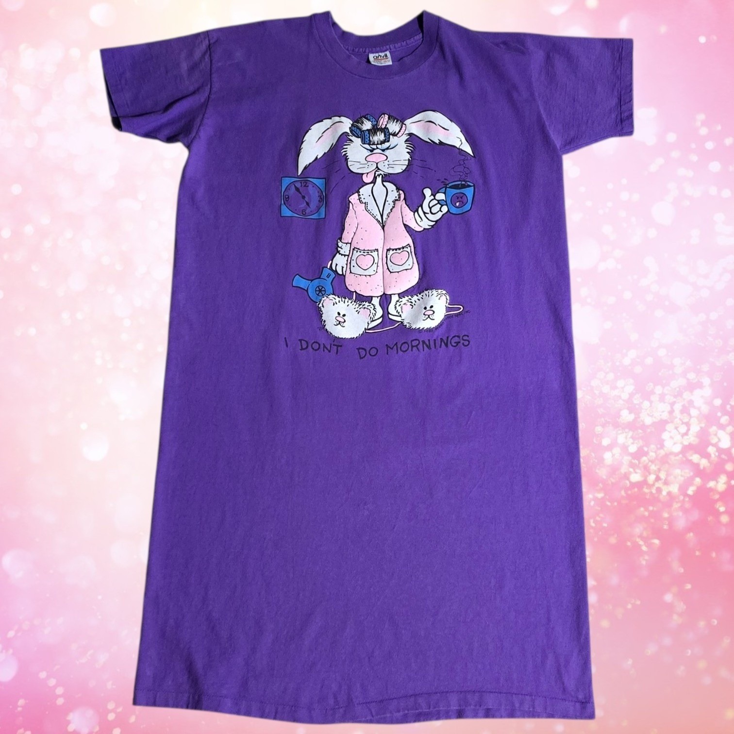 VTG Anvil Womens 1988 I Don’t Do Mornings Bunny Night Dress Purple OSFA FLAWS