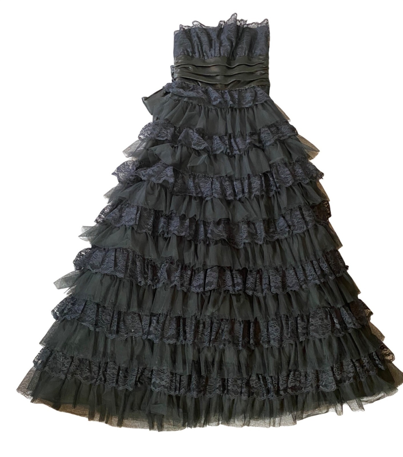 Vintage Masquerade Black Strapless Layered Ruffle Lace Gown Formal Dress SZ 7/8