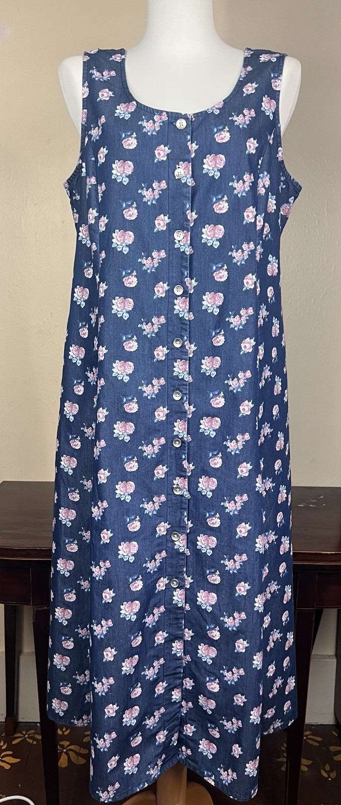 VTG Sleeveless Denim Jumper Floral Cotton Poly Dress Petite Large Cottage Core
