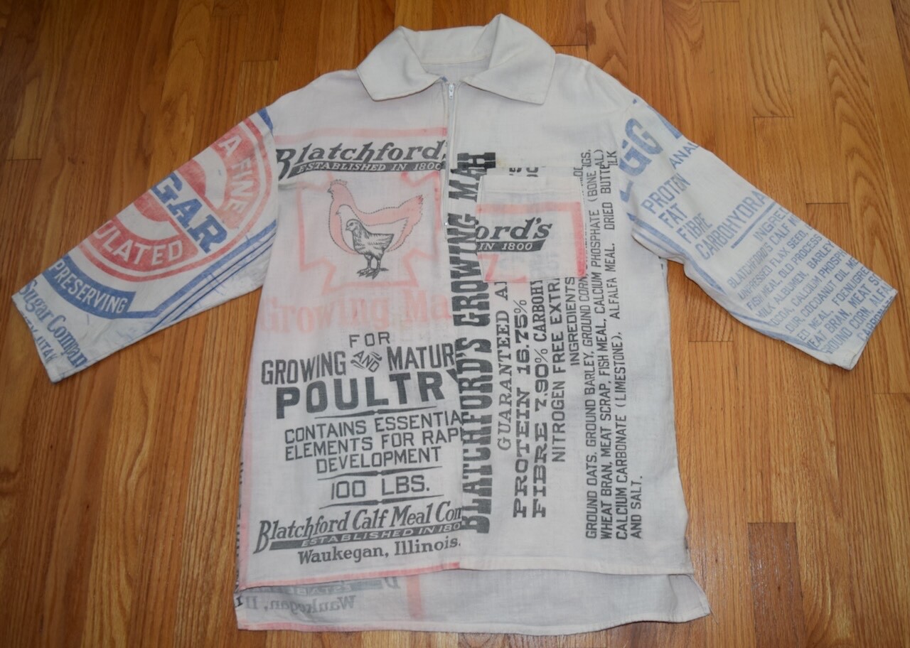 VTG Feed Sack Chicken Tunic Pullover Shirt Grain Sugar Bag Hippie Cottagecore OS