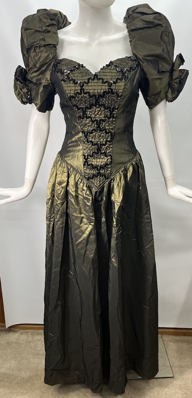 80s Vtg Olive Green Fairytale Gown Gothic Sequined Puff Sleeve Bustle Bow XS – S