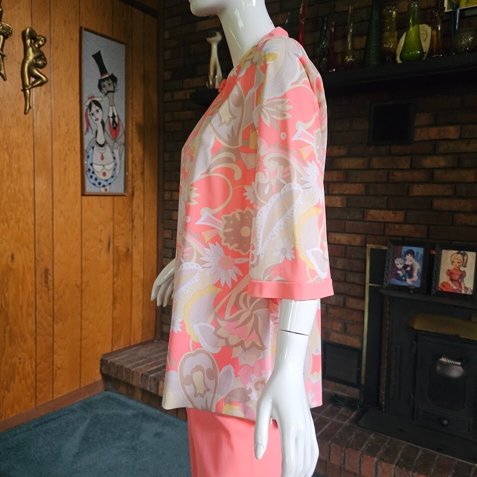 Vtg 60s Pink Psychedelic Lounge 2 pc Nylon Tunic Pajama Party Hostess Set S/M