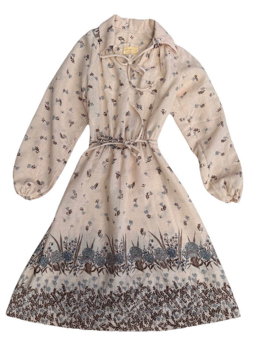 Vintage 70s Boho Lightweight Midi Dress Cotton Linen Floral Hippie Size Medium