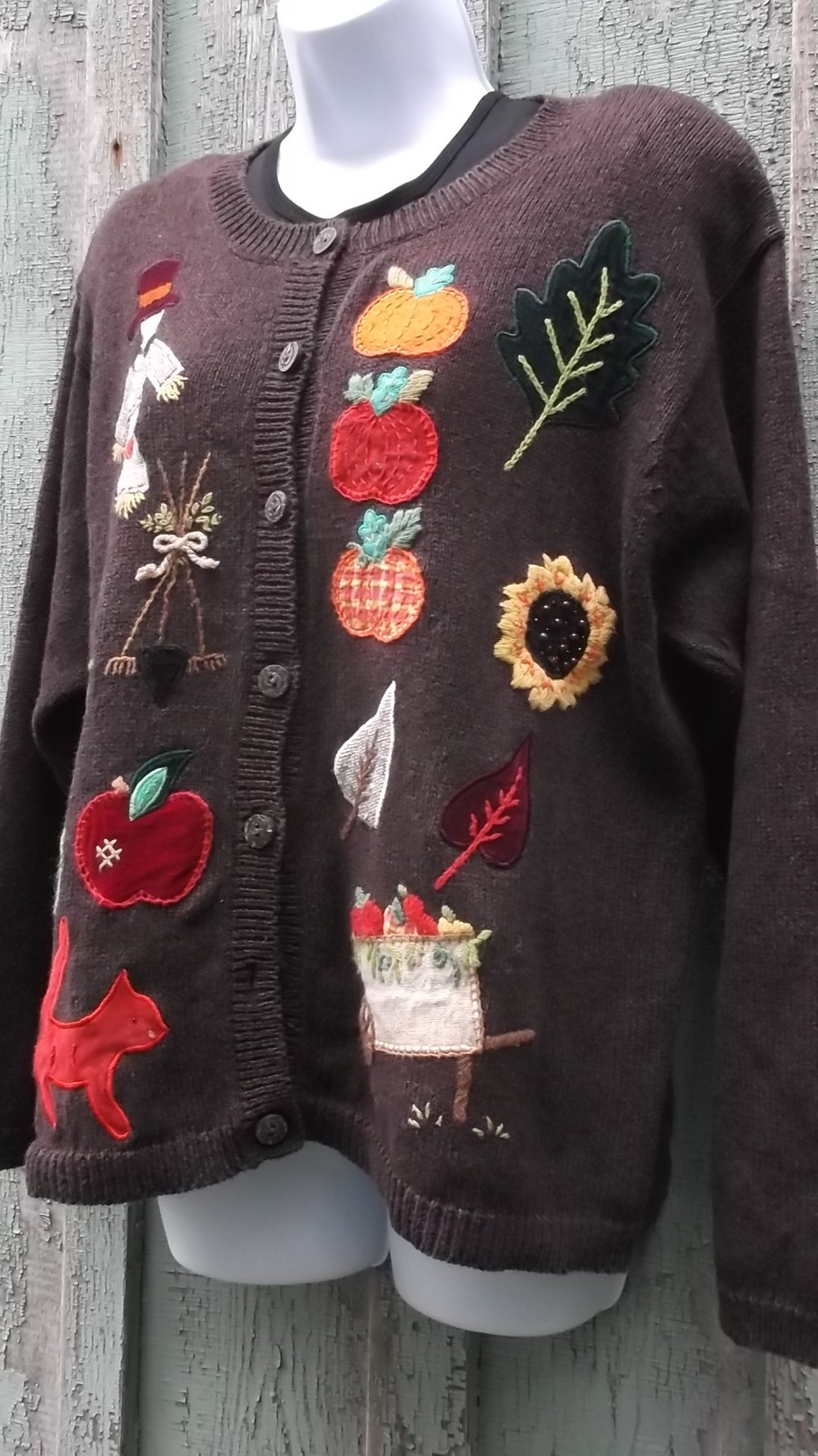 VTG Fall Novelty Sweater Susan Bristol XL 1X Scarecrow Apples Thanksgiving VFG