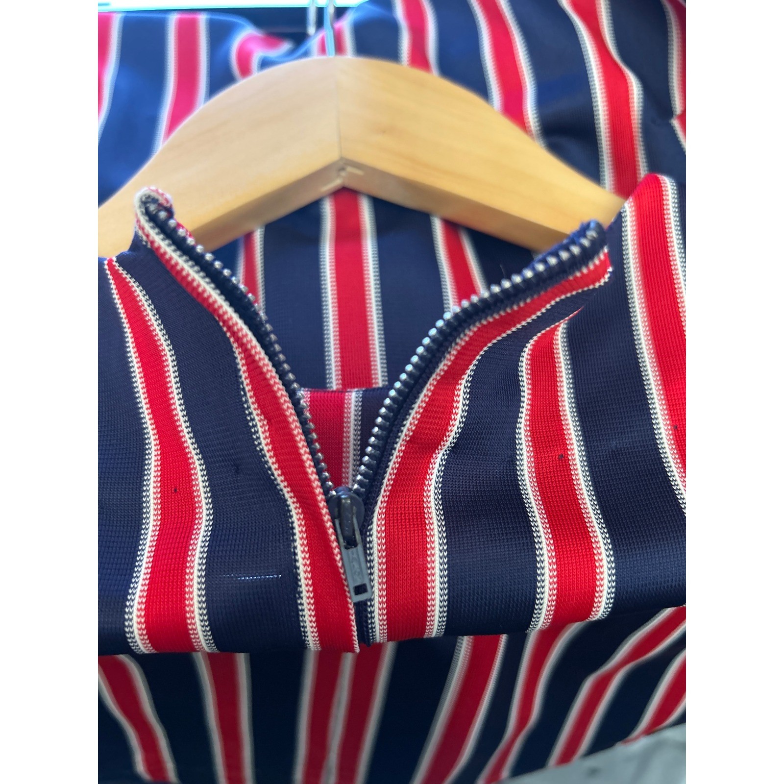 Vintage 70s Red Navy Stripe Mod Knit Top Talon Zip Sporty Chic Nautical Coastal