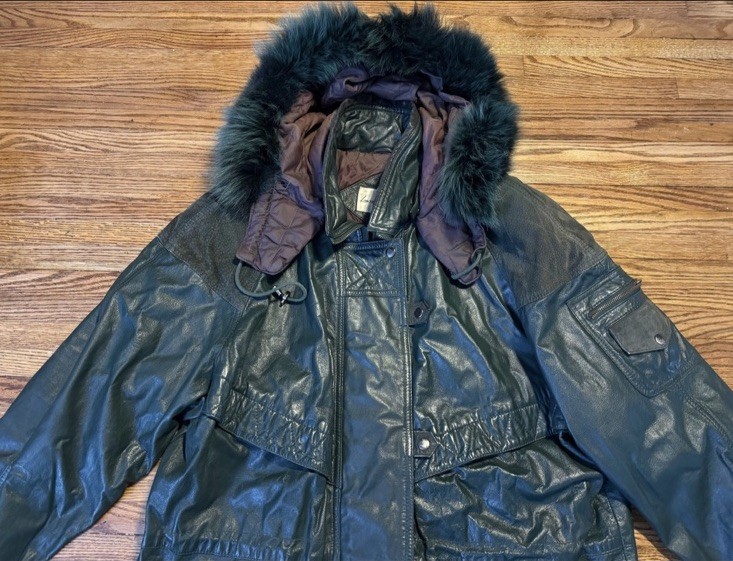 Vintage Laura Winston Leather Jacket Green Faux Fur Trim Parka Women’s Size L