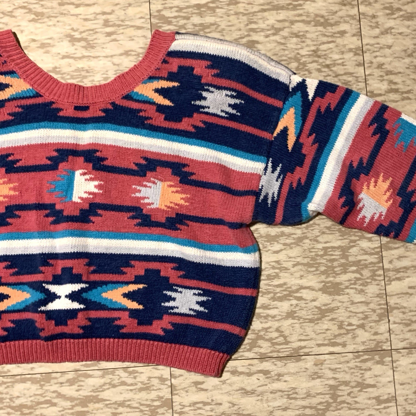 Vintage 80s Nuovo Womens Cropped Sweater Aztec Southwestern Large Ramie/Cotton