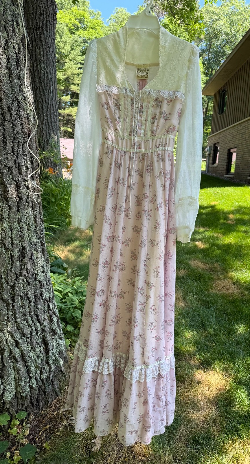 Vntg Gunne Sax By Jessica Long Floral Lace Up Dress Small Sz View Measurements