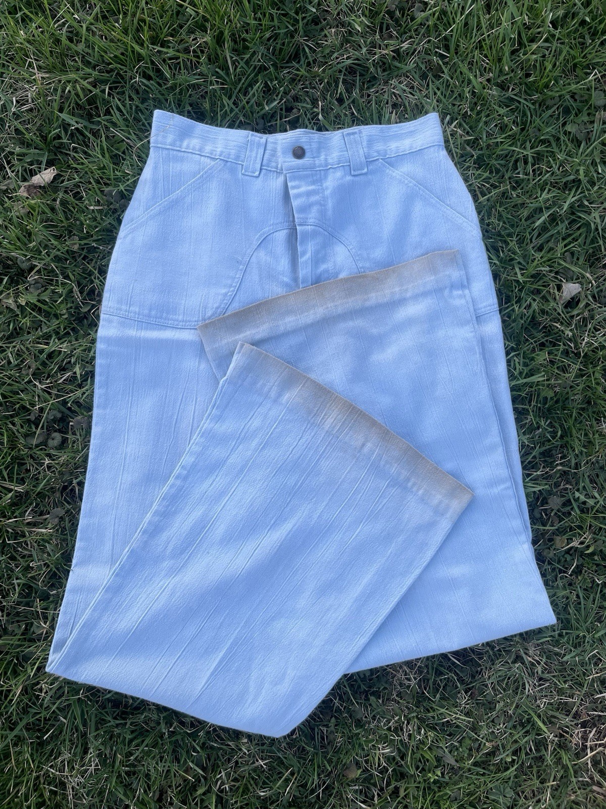 VTG 70s Rumble Seats by Wilkins Light Blue Bell Bottom Pants Distressed 29×30