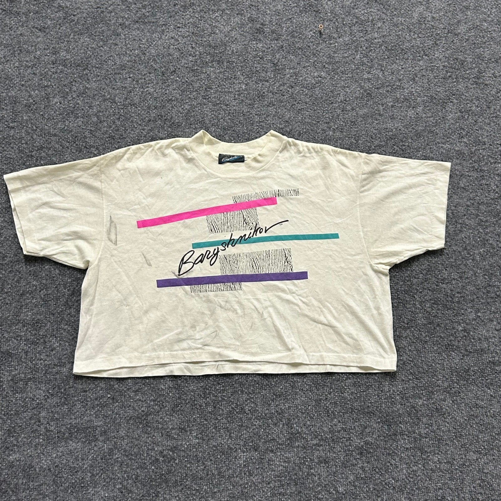 Baryshnikov T-Shirt Womens Size L Cream Crop Graphic 80s Dancewear Stained