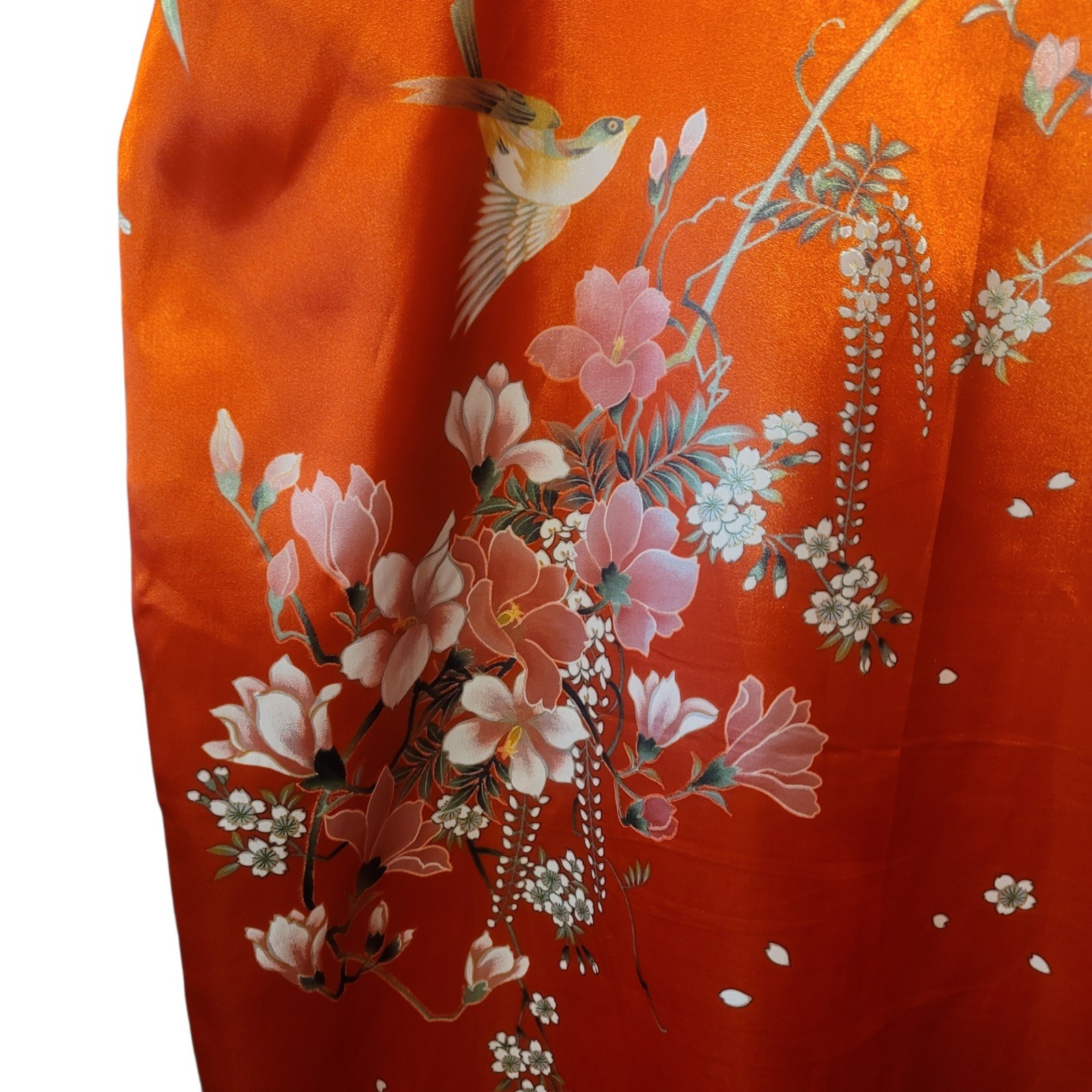 Vintage Made in Japan Orange Satin Floral Bird Kimono Robe Long One Size
