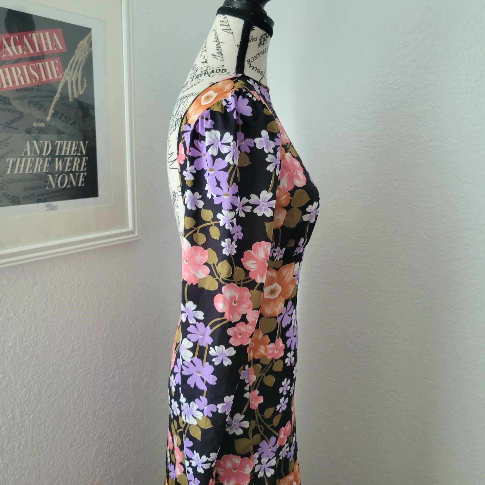 Vintage 70s 100% Antron Nylon Black Floral Maxi Dress Plunge Back Slinky Small