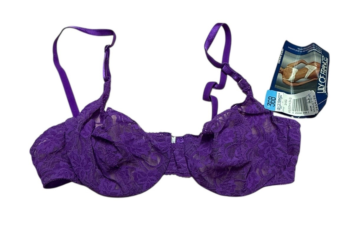 Vintage Lily of France Purple Sheer Lace Bra 36B Demi Cup 80s 90s Lingerie NOS