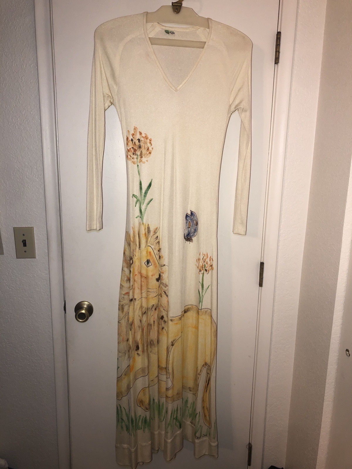 VTG 70s Mimosa Tree Inc. Hand Painted Lion & Butterfly Maxi Dress Long Sleeve M