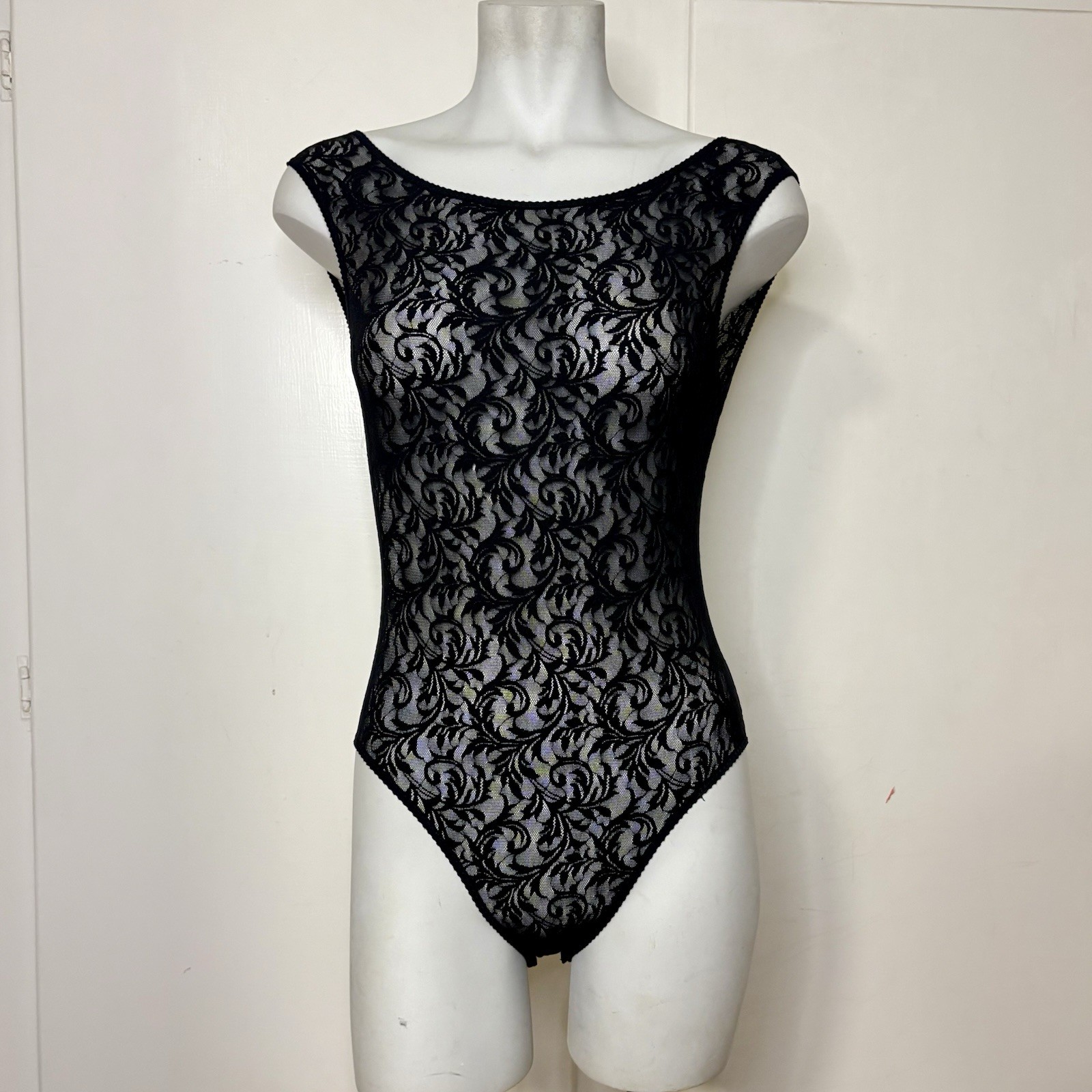 Vintage 80s Calvin Klein Black Lace Sheer High Neck Open Back Lingerie Bodysuit