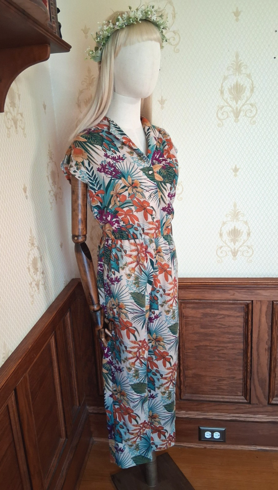 Vintage 1970s/80s “Fashion S” San Diego Tropical Floral Boho Resort Jumpsuit