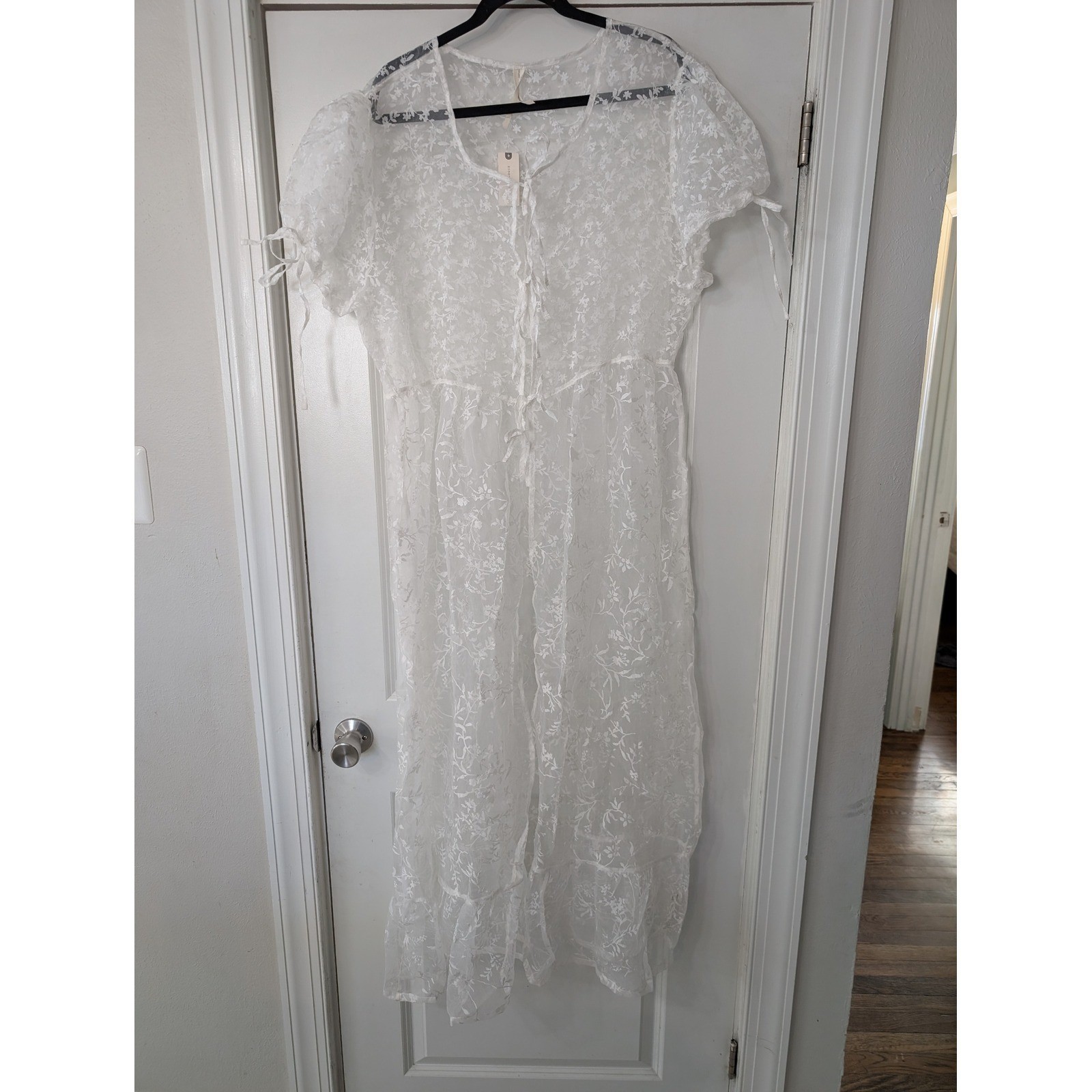 Anthropologie White Organza Maxi Dress Floral Lace Sheer Duster XL NEW bride