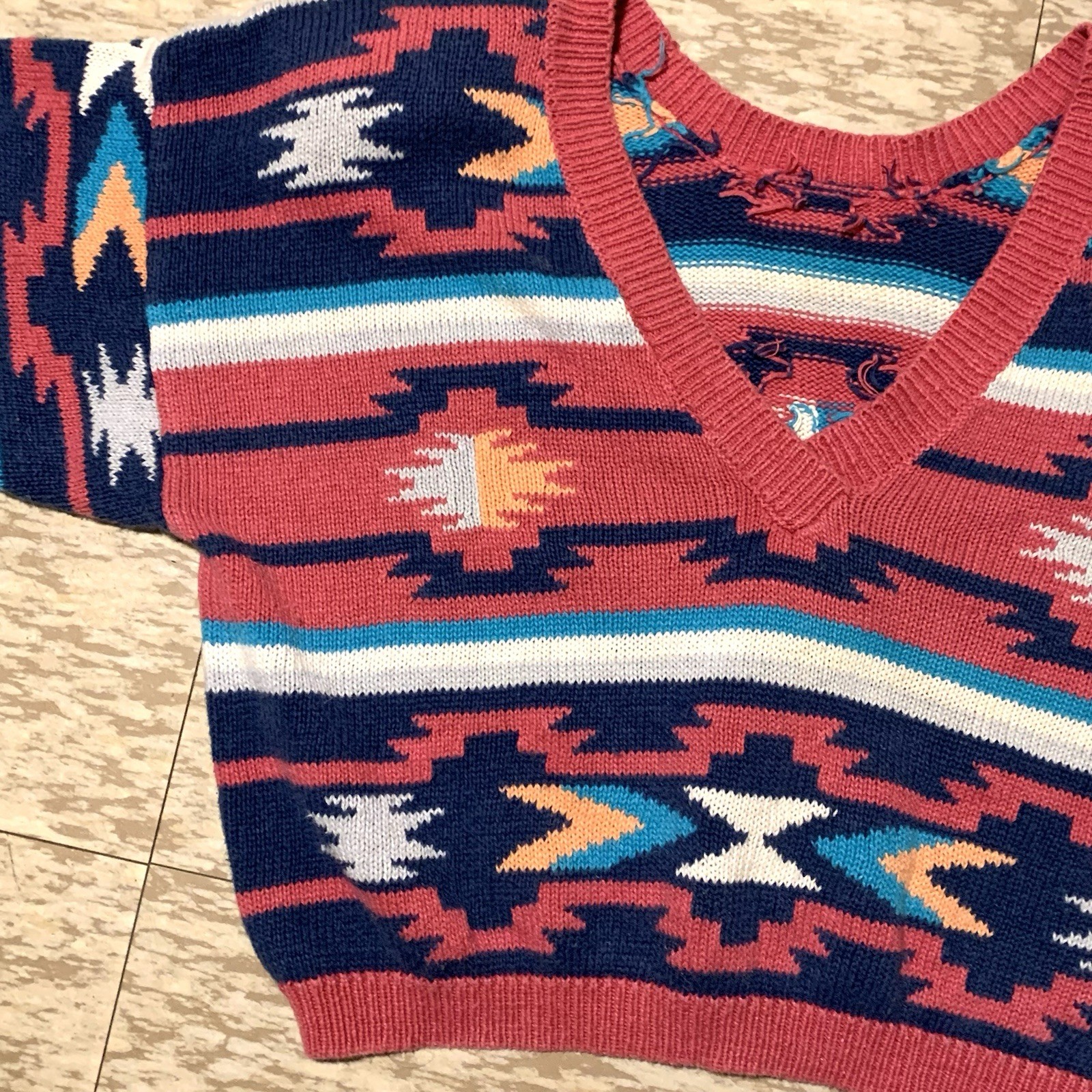 Vintage 80s Nuovo Womens Cropped Sweater Aztec Southwestern Large Ramie/Cotton