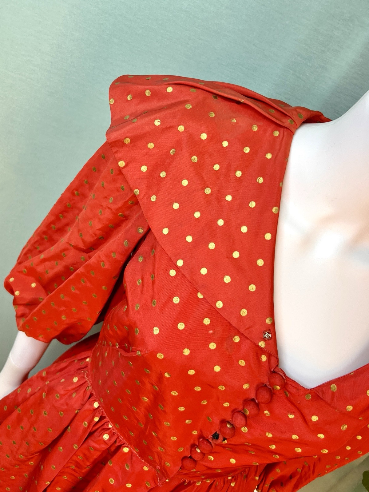 Vintage 1940s Red & Gold Polka Dot Flobert Maxi Formal Dress, 38 bust, 27 waist