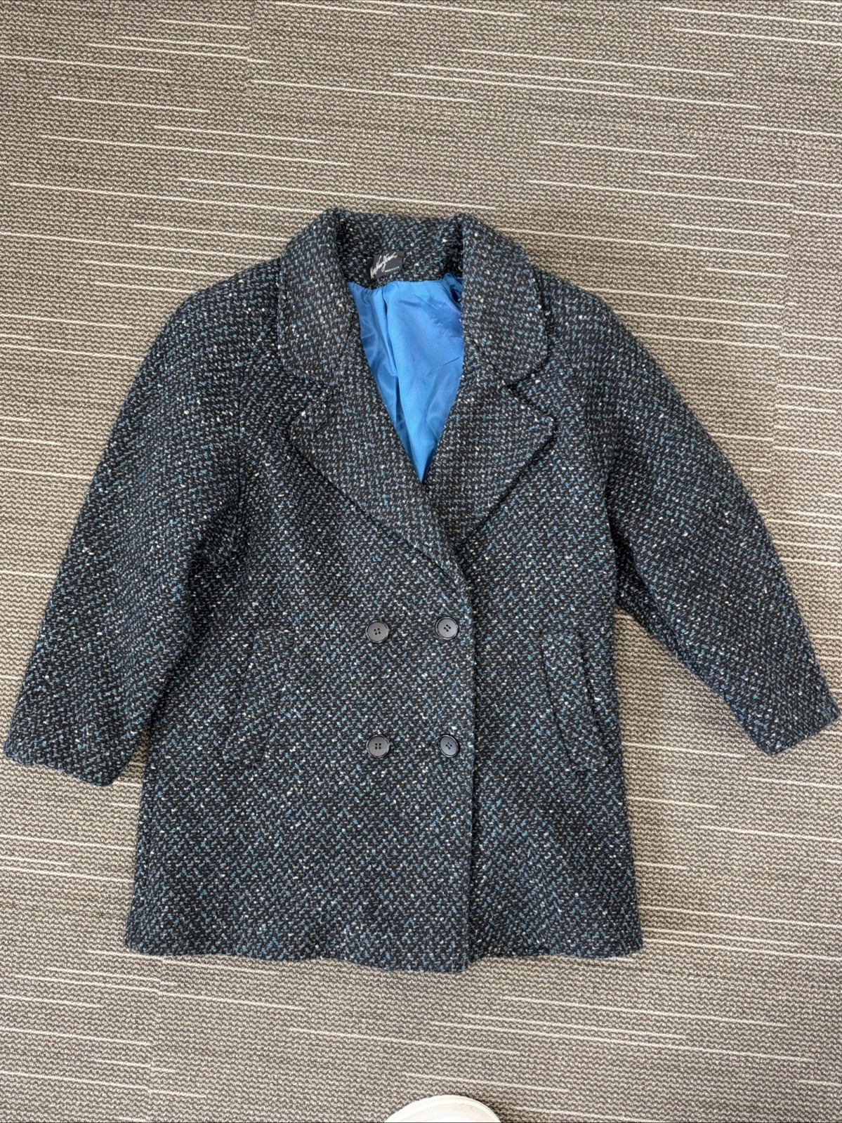 Vintage Miss New Yorker Blue Gray Tweed Overcoat Womens Size L Made In USA