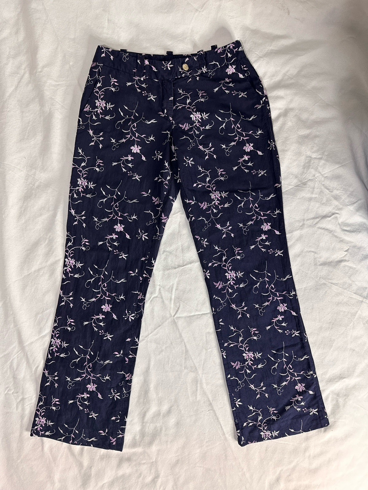 IT 40 US6 Ann Gigli ITALY 100% silk Seta Mid Straight 3/4 Cropped leg pants Navy