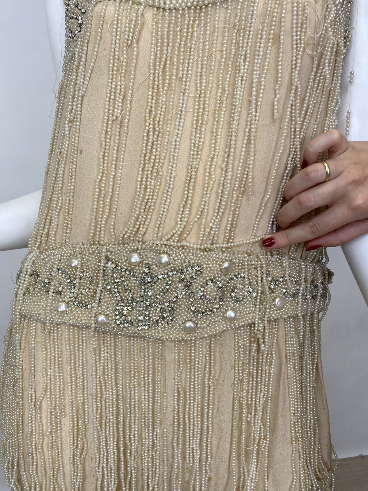 Real Antique 1920s Flapper Wedding Gown Train Headpiece Pearls Rhinestones