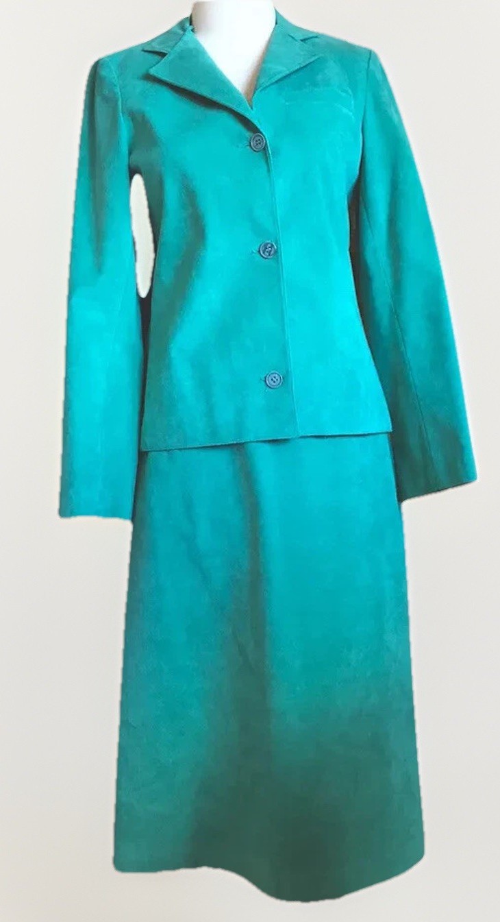 Vintage Samuel Roberts Jacket Skirt Suit Set 2pc Retro Green Faux Suede – AS IS