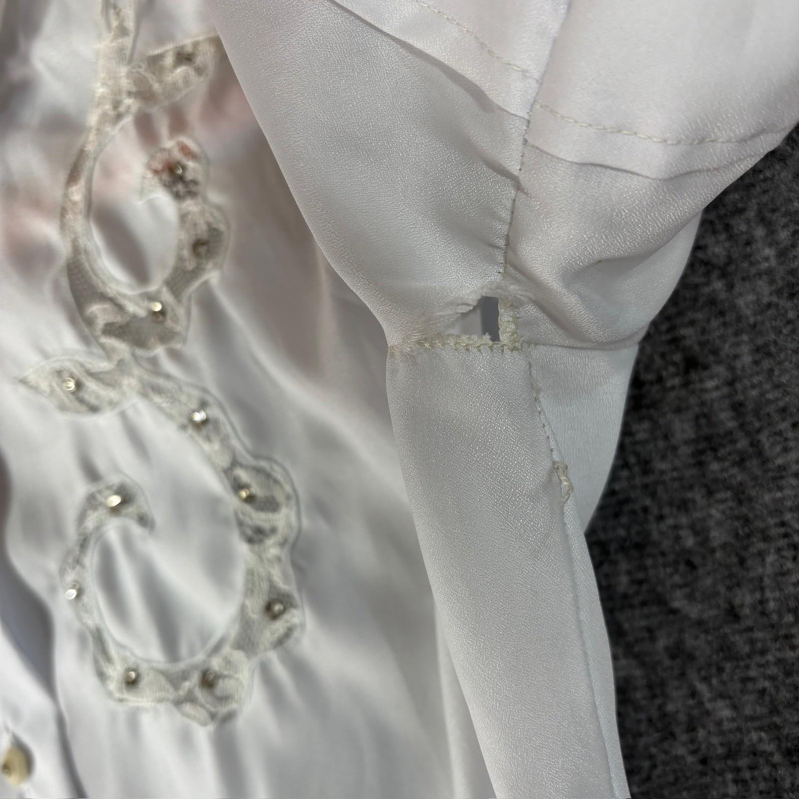 Vintage 50s White Satin Lace Rhinestone Blouse Short Sleeve Top Small
