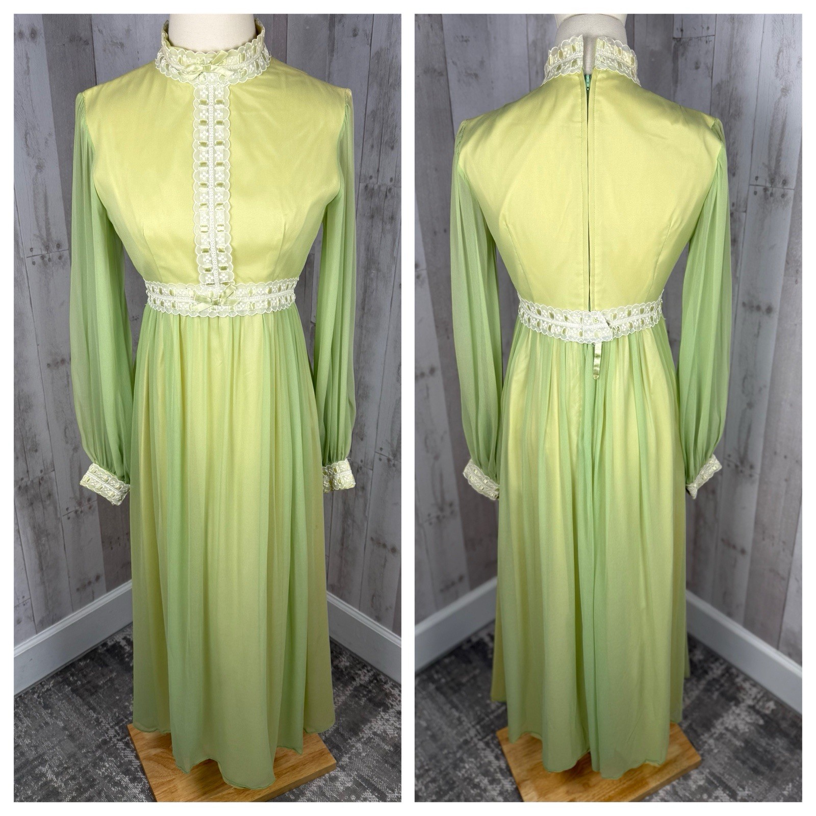 Vintage 1970s Lorrie Deb Gown Silk Chiffon Spring Green Dress Lace Maxi Jrs S/2