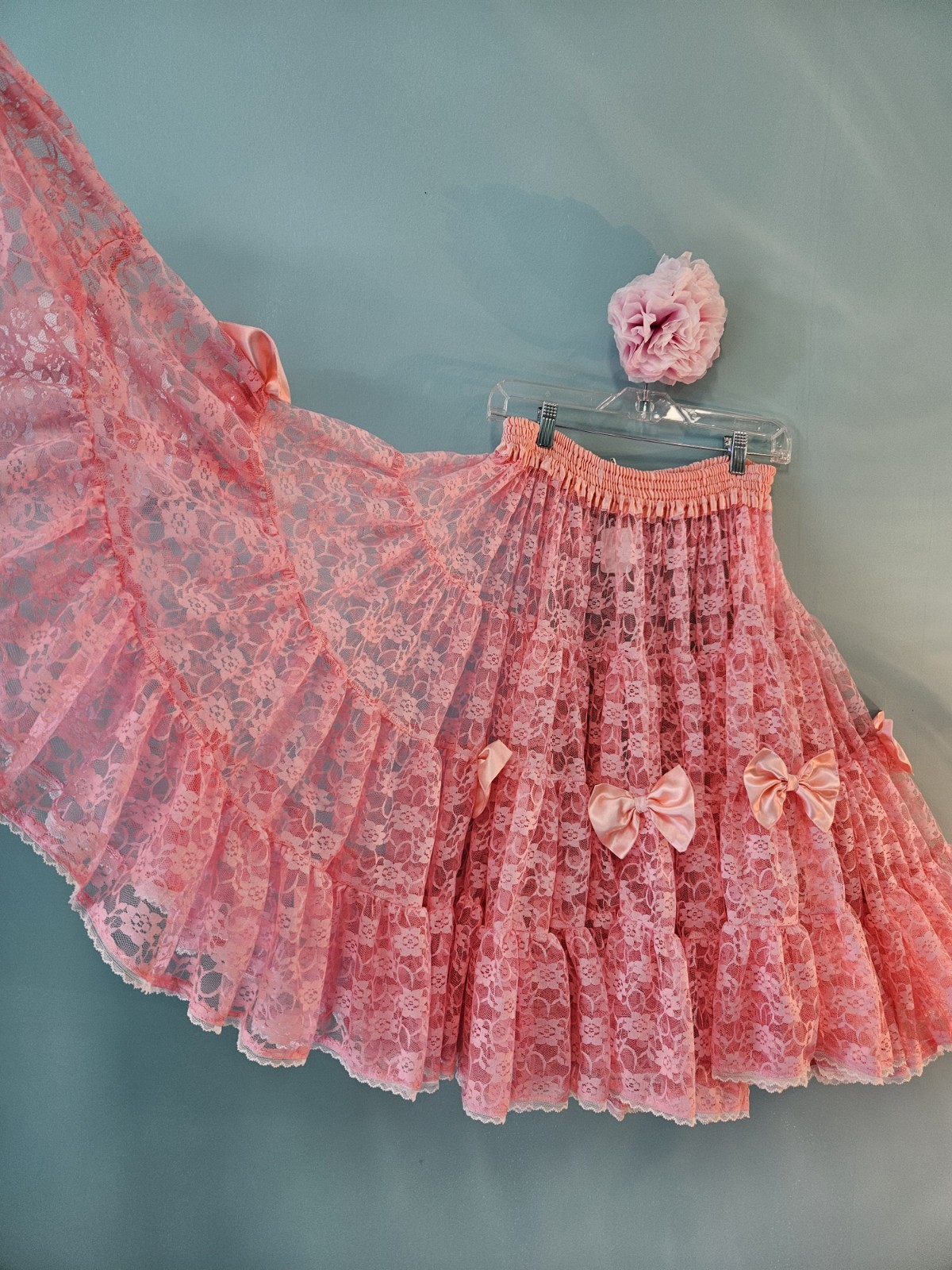 Vintage Pink Lace Petticoat 1960s Satin Reclaimed Size M Skirt Lolita Girly Bows