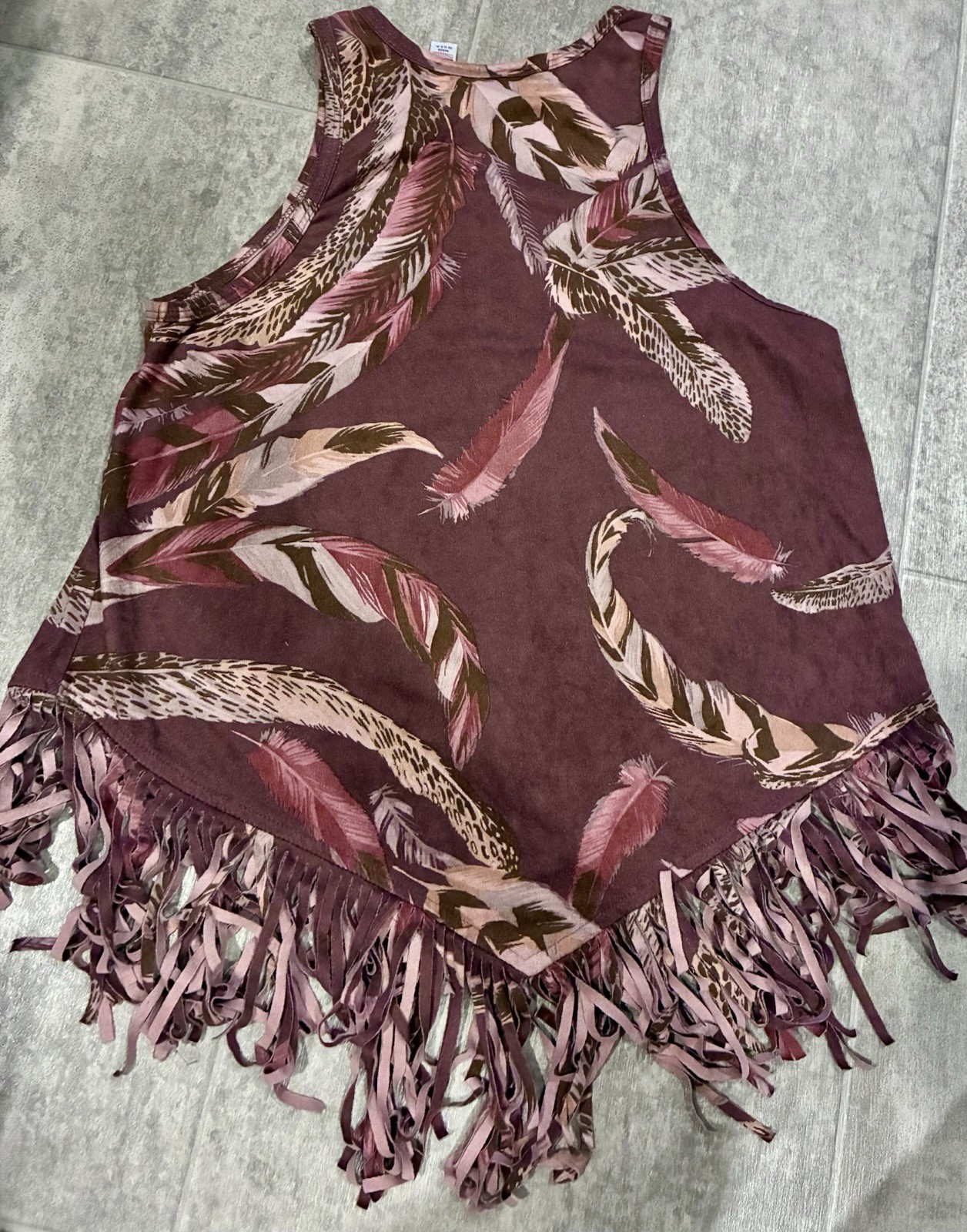Jody California Fringe Feather Swirls Y2K Boho Faux Suede tank Top Small spring