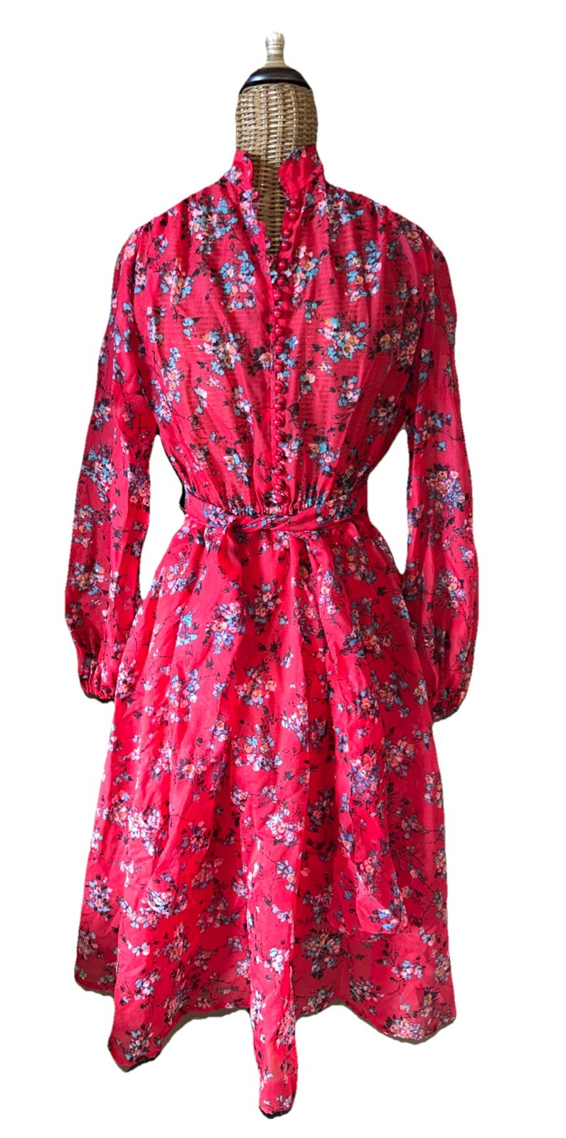 Vintage 70s Jonathan Logan Red w/flowers Long Sleeved Button Neck Dress Sz 5/6