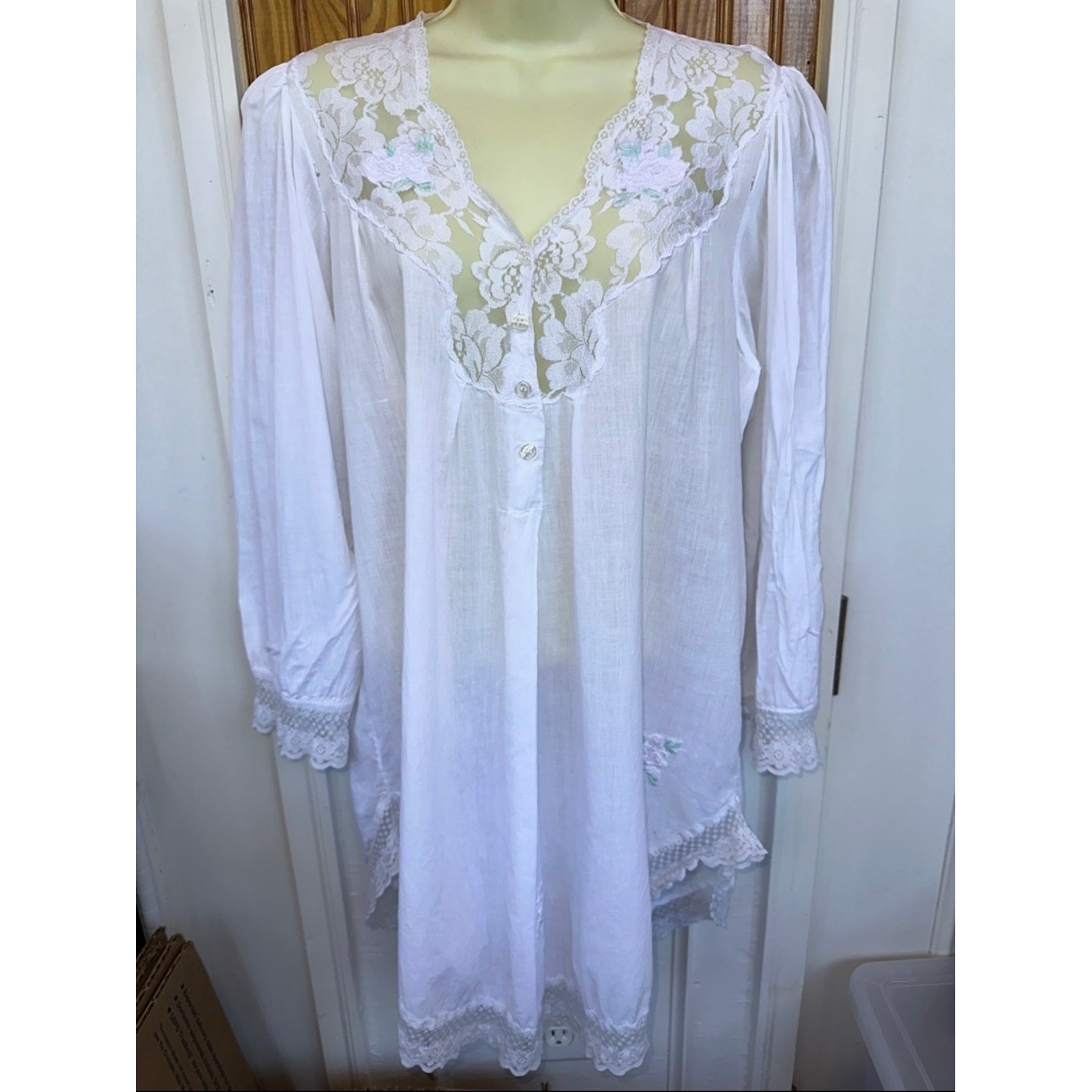 Vintage Sante White Lace Thin Cotton Nightgown with Beaded Embroidery