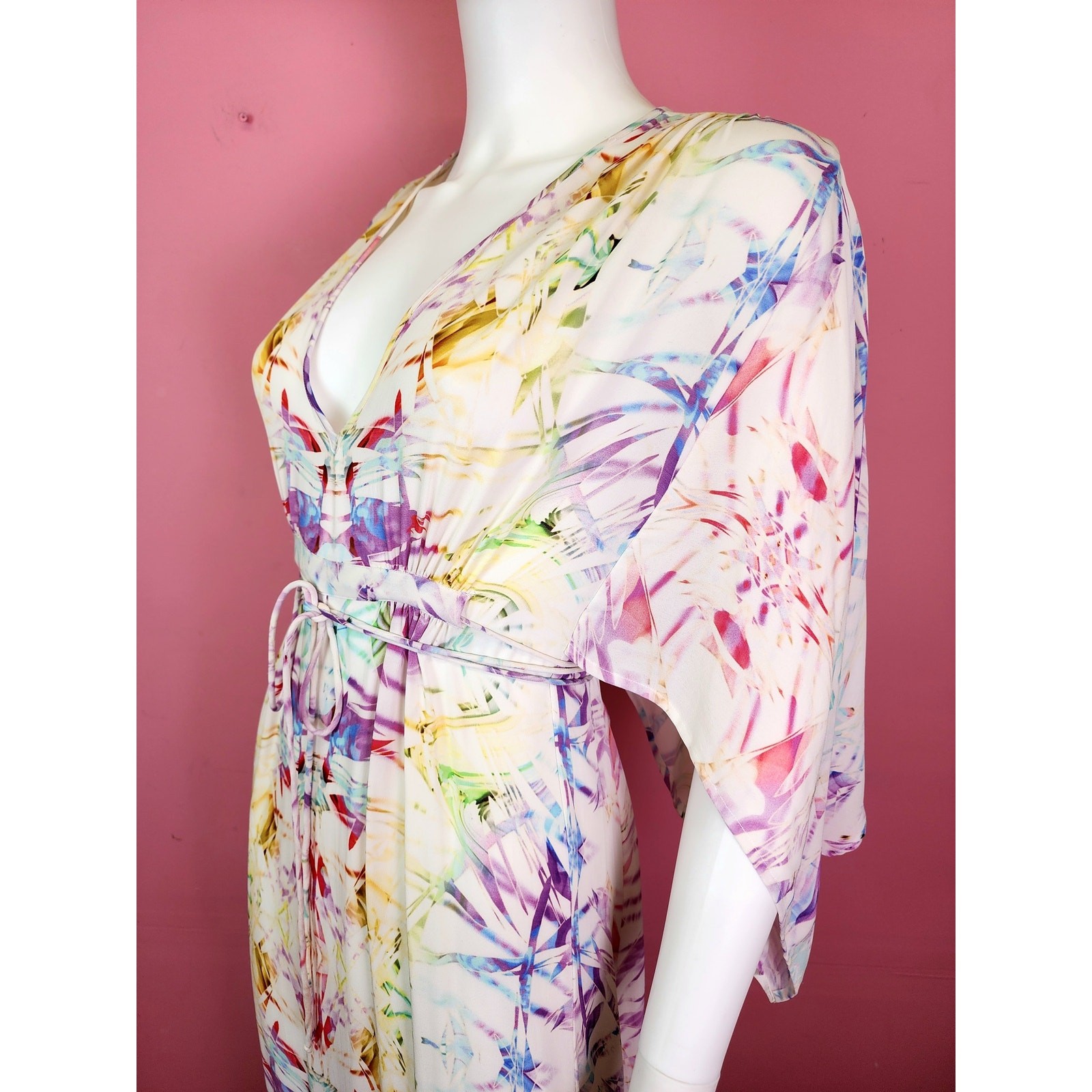 Y2K Tie Dye Silk Caftan White and Pastel Angel Sleeve Maxi Dress