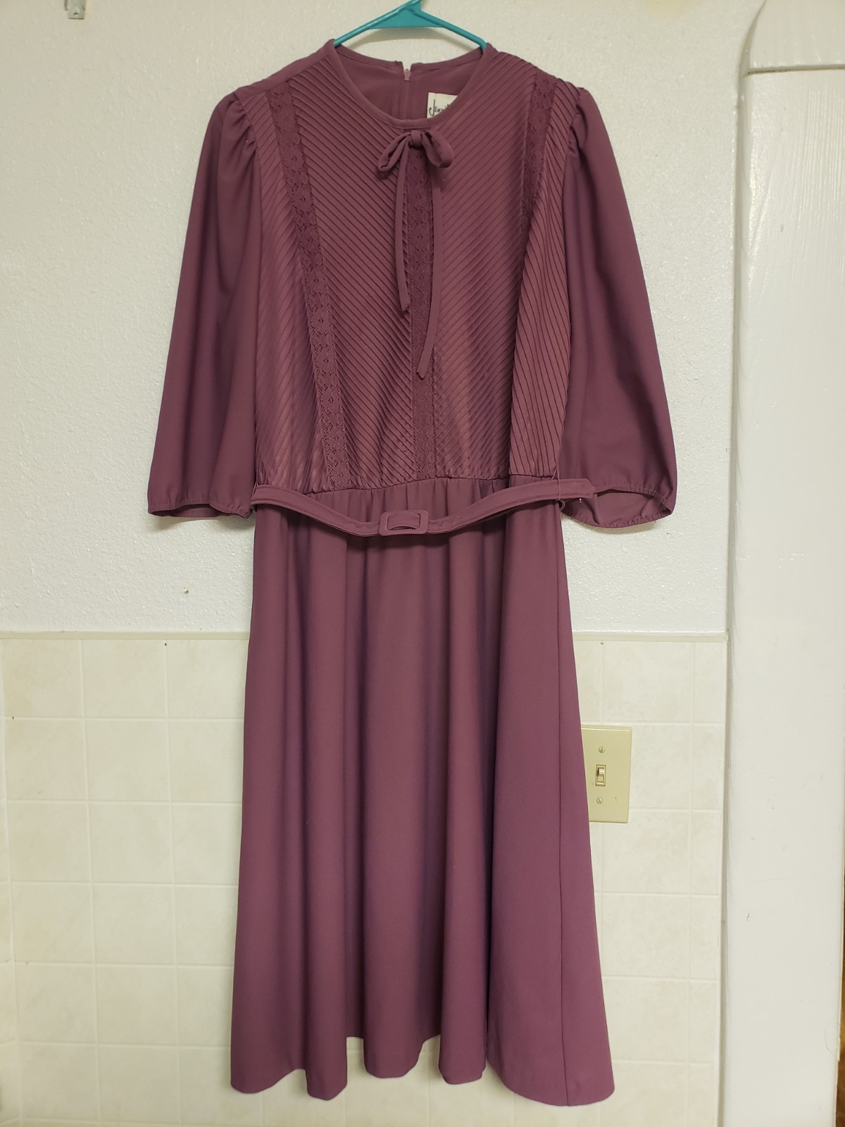 Vintage 70s 80s Jennifer Gee Dress Purple 3/4 Sleeve Pin Tuck Tea Time Feminine