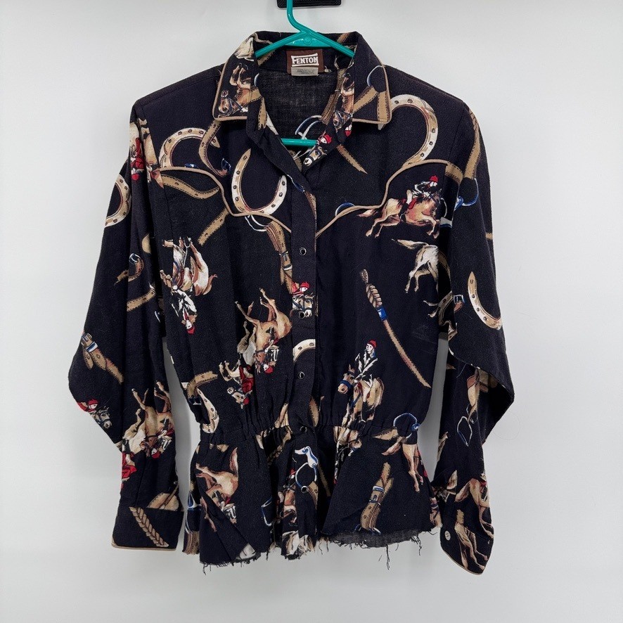VTG Fenton Womens Western Equestrian Snap Peplum Blouse Raw Hem Sz 9/10 MEDIUM