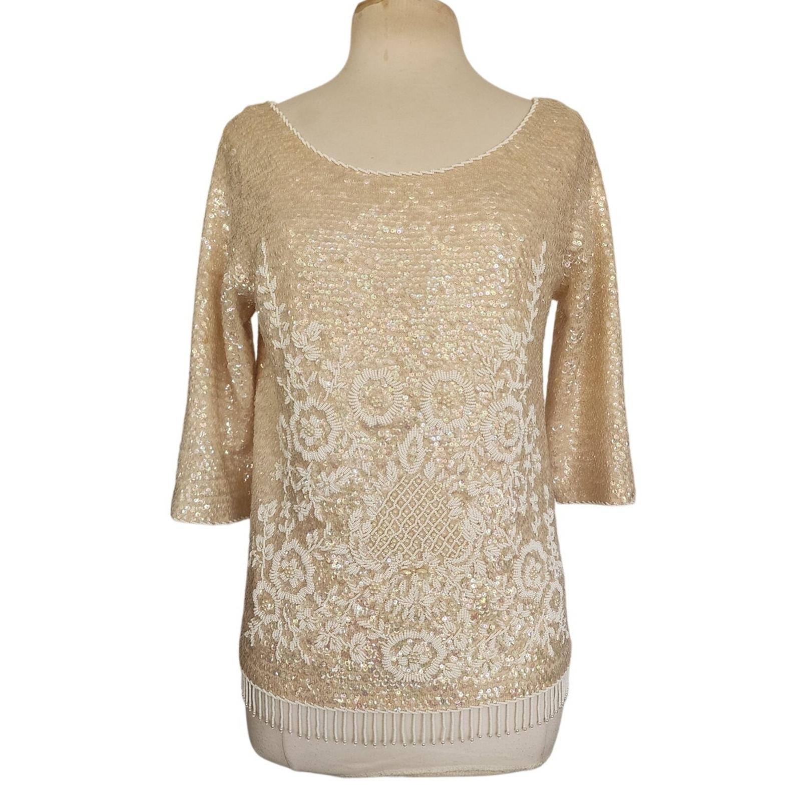 Vintage 60s Beaded Sequined Top Cream Wool Long Sleeved Regalia Import Hong Kong