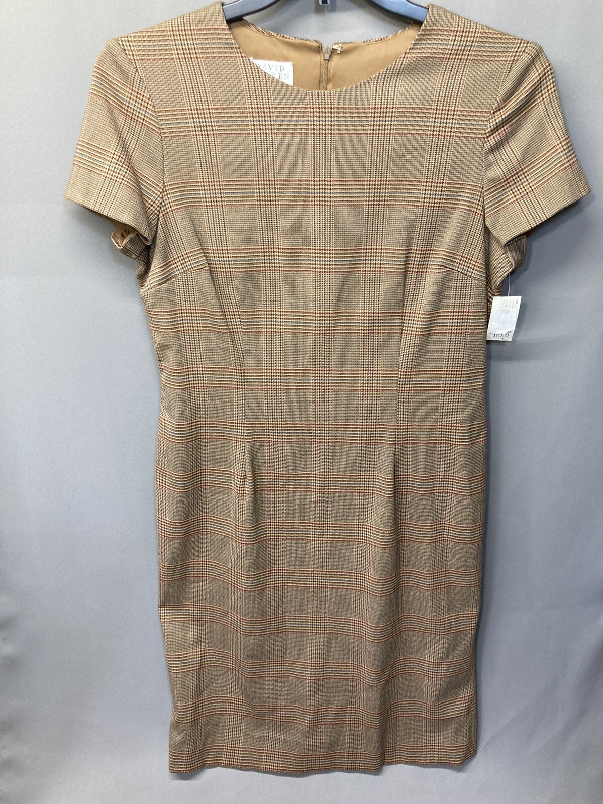 80s 90s David Warren 12P Dress Sheath Midi Madras Plaid Brown USA Stretch