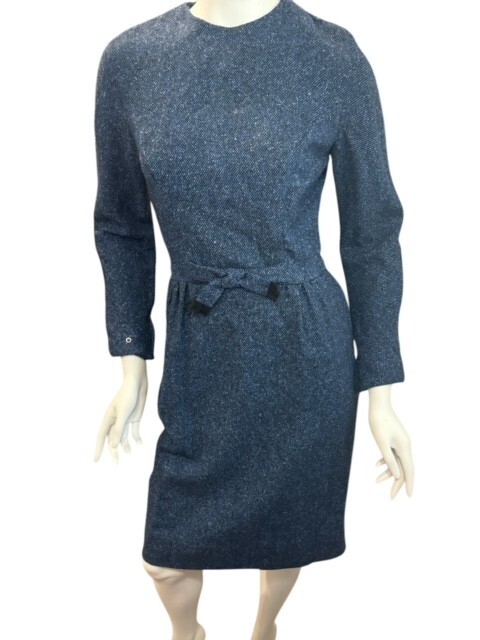 Gay Gibson Vintage Size 11 Wool Silk Blend Long Sleeve Blue Flecked Dress