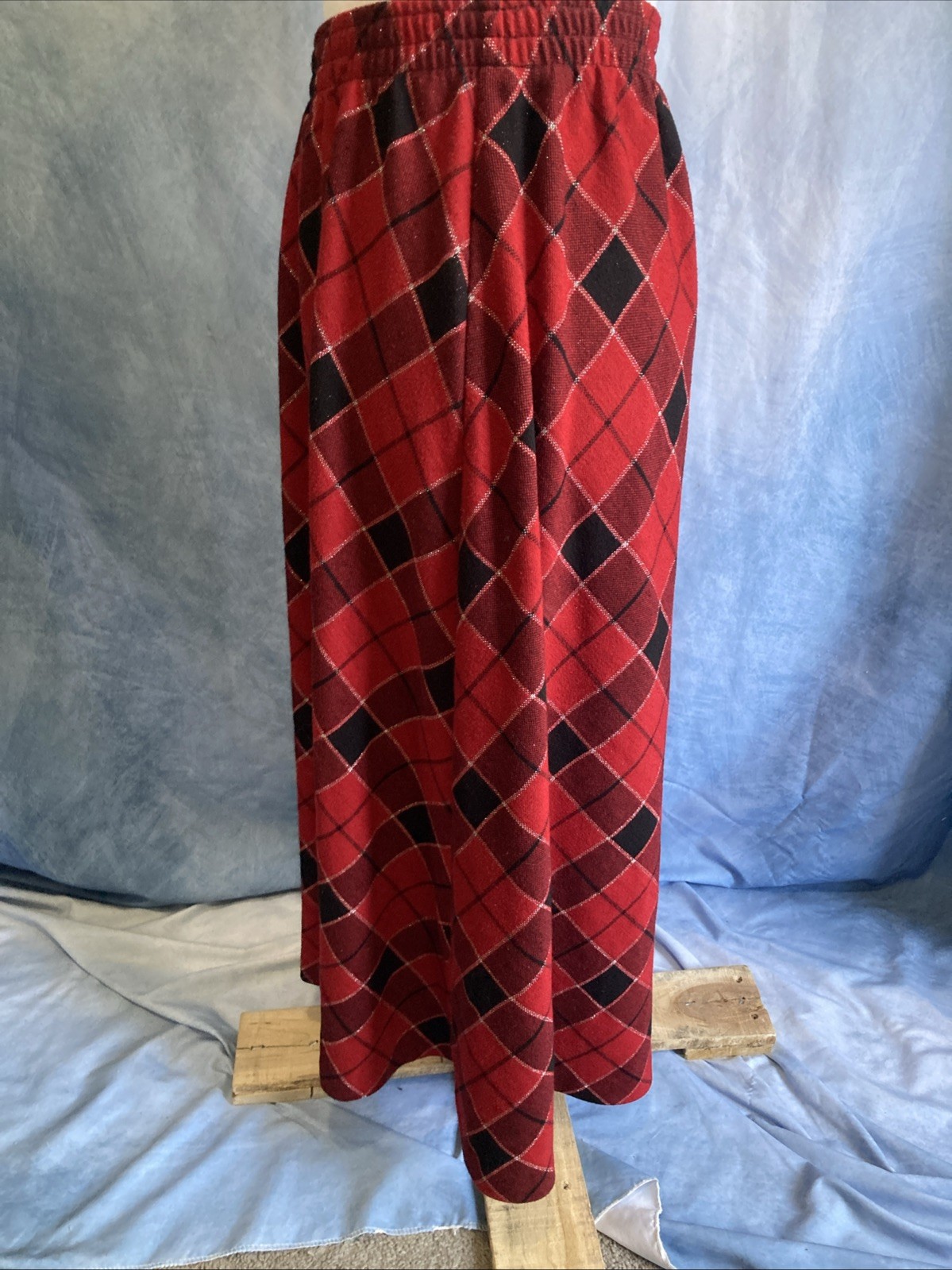 Vtg 80s Cathy Daniels Red Black Metallic Plaid Midi Skirt Medium Academia Grunge