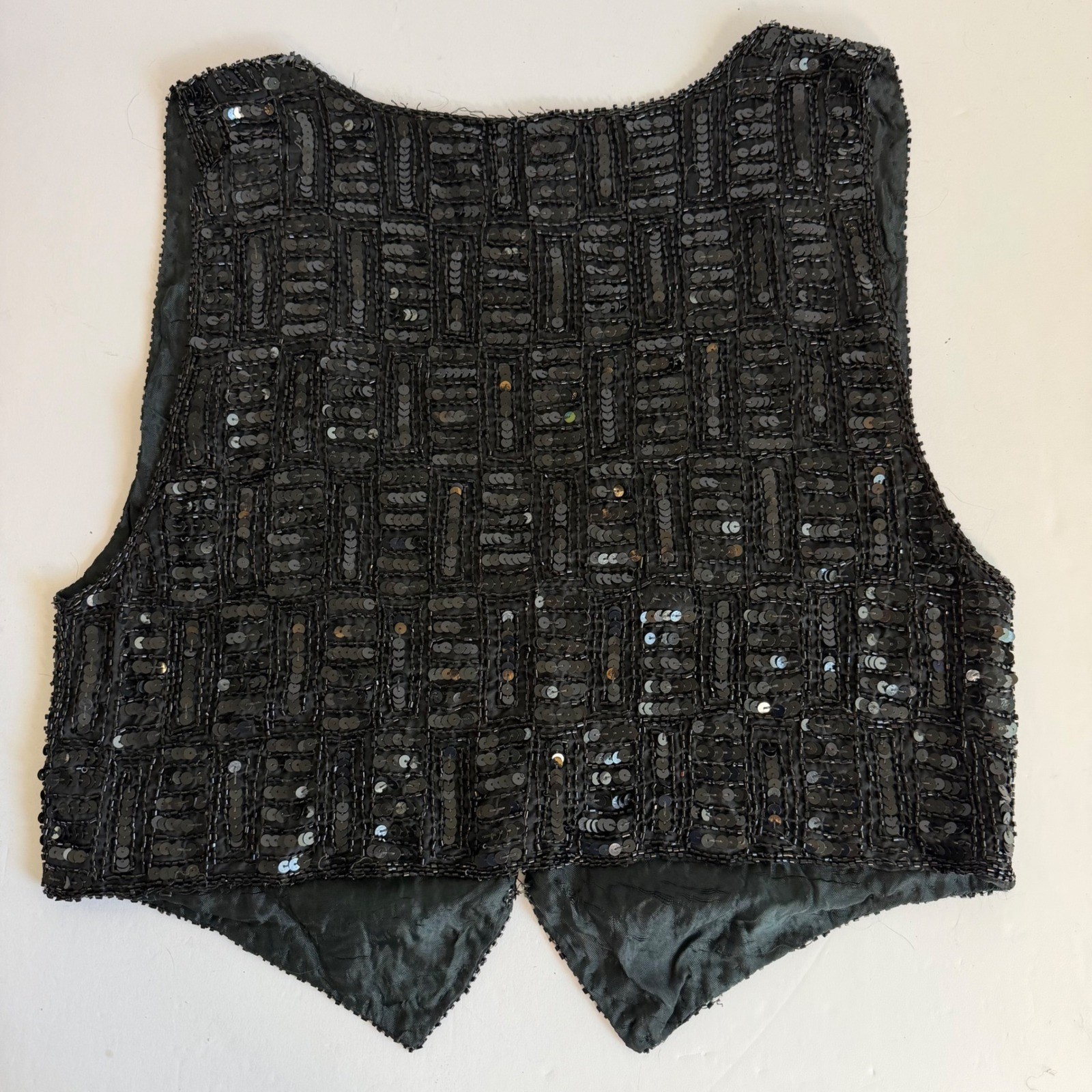 Vintage Silk Beaded Sequin Vest Black Medium Goth Party 90s Glam Witchy