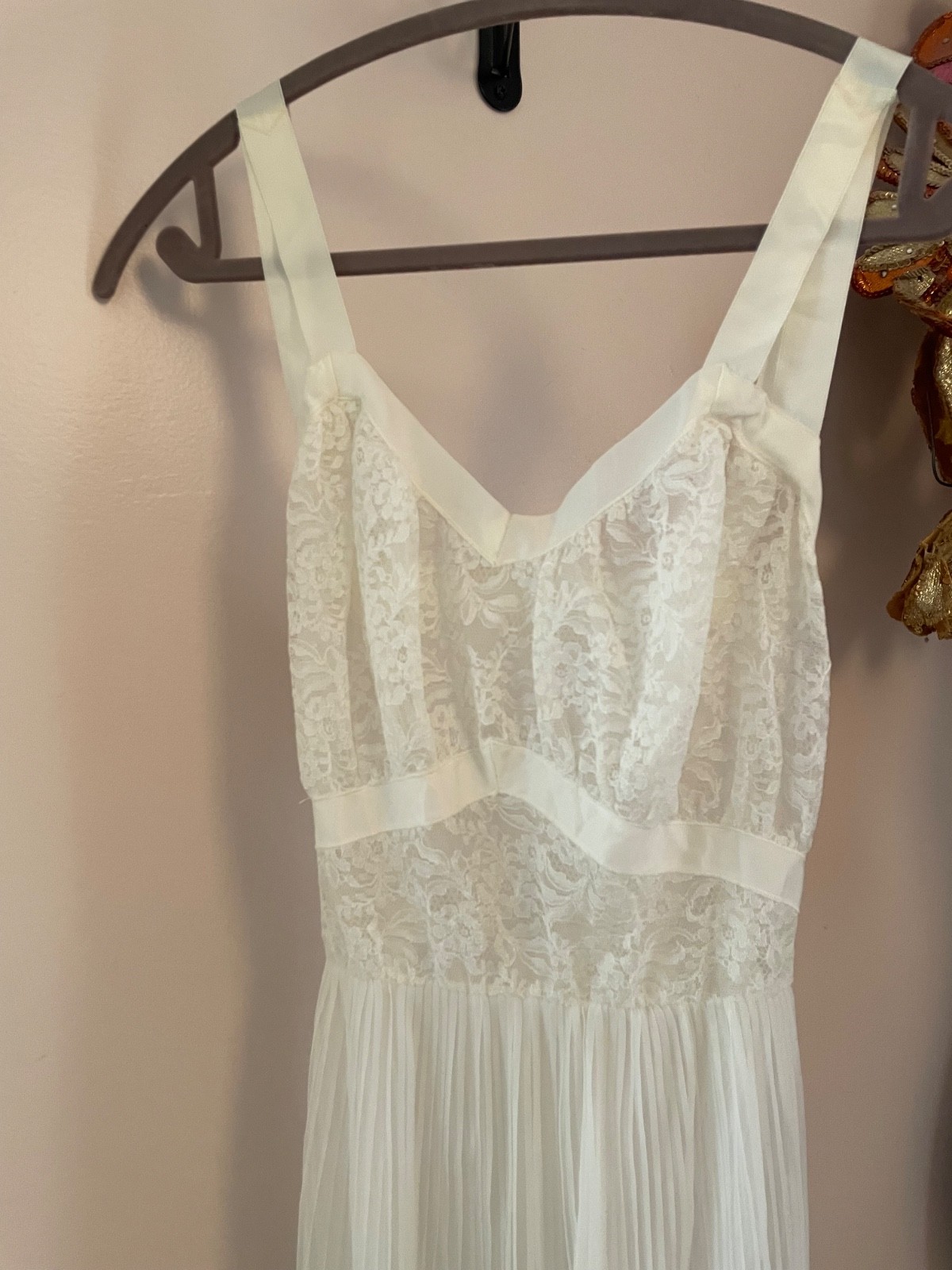 Seamprufe 1930s-40s White Lace Bodice Full Length Sheer Nightgown Pleated Skirt