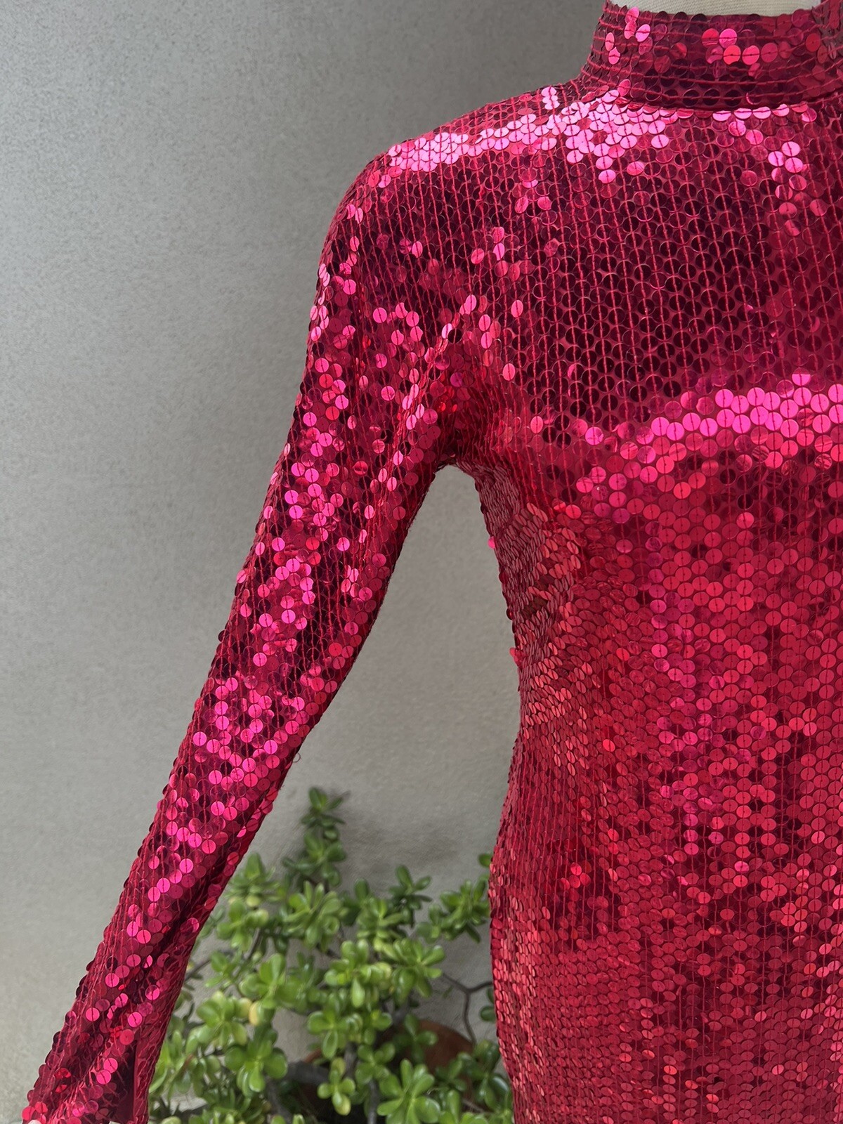 Vtg Disco Dress Ruby Red Sequins Keyhole Back Sz 10 NiteLine