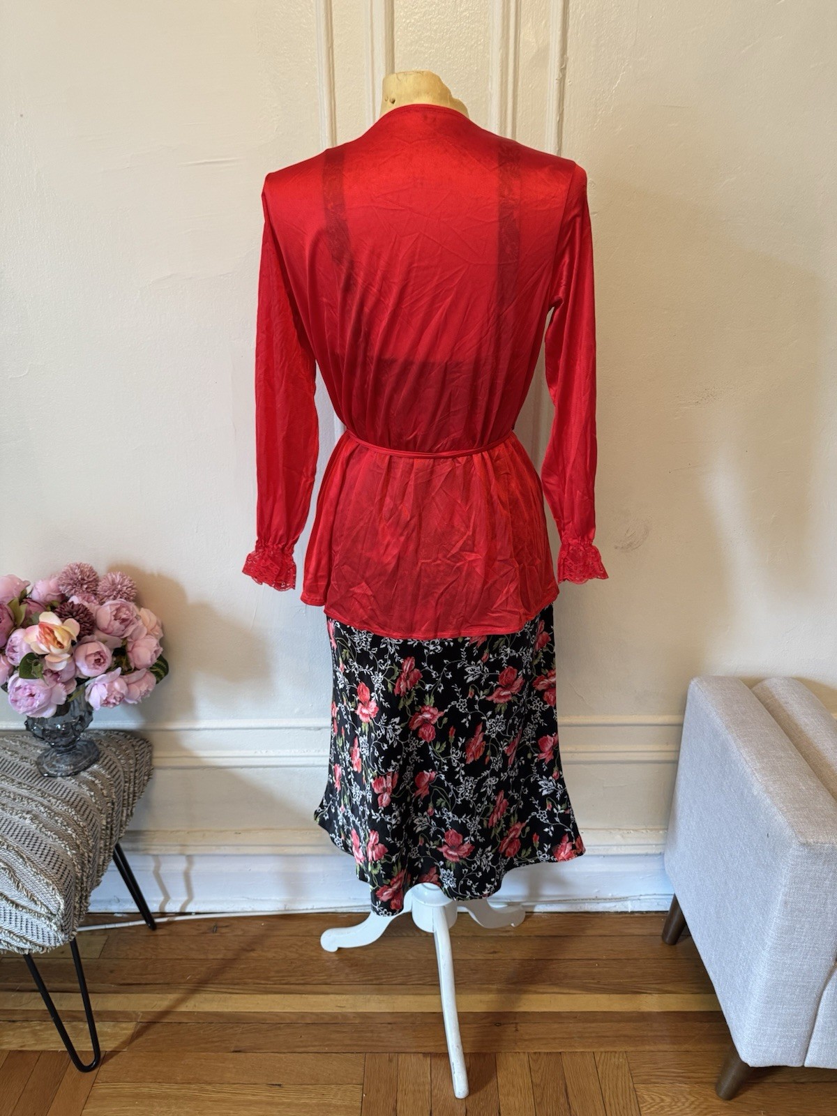 Vintage Josie Floral Black Red Slip with Shirley of Hollywood Lace Nightgown Set