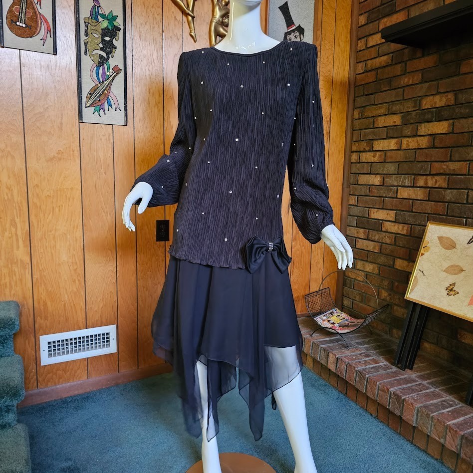 Vtg 80s Disco Galaxy Volup Plisse Pleat Art Deco Flapper Gatsby Party Dress L/XL