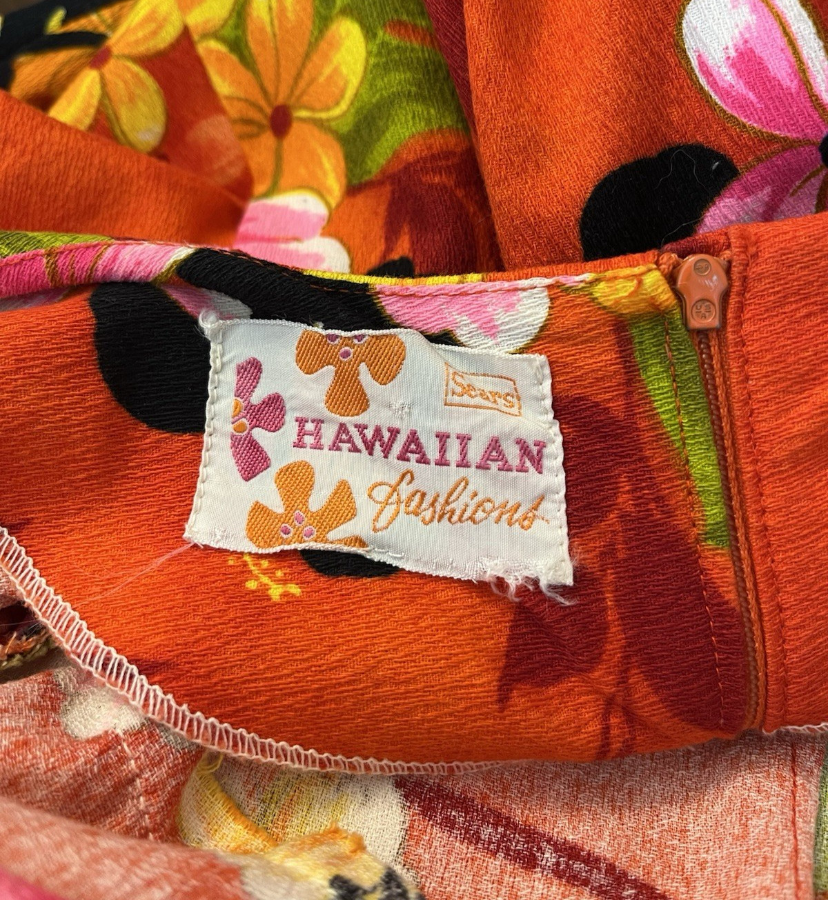 Sears Hawaiian Fashions Small Bright Orange Barkcloth Hibiscus Maxi Dress Vtg