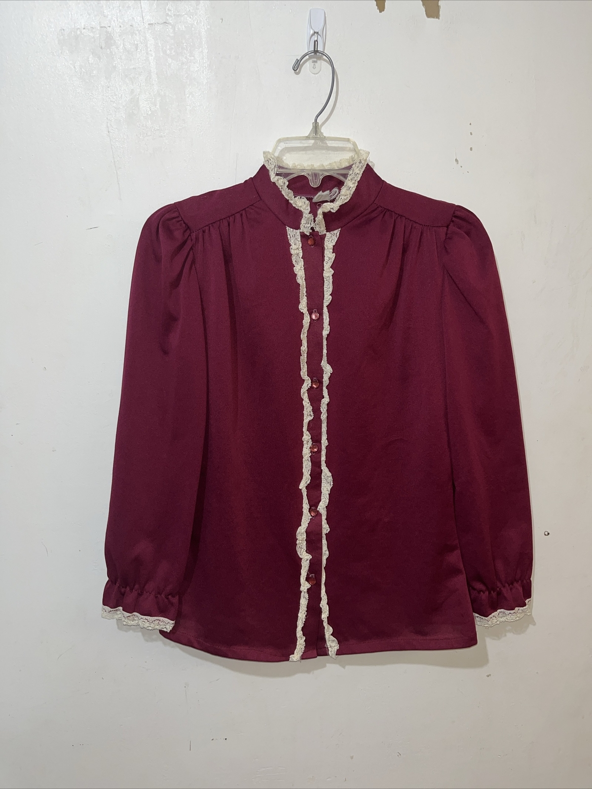 Vtg 70s Womens Top Size Medium Burgundy Red Lace Trim Button Up Prop Costume