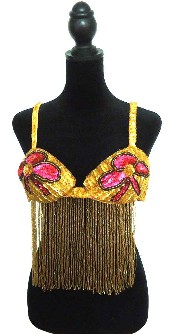Vintage 70s Handmade Burlesque Beaded Fringe Top Pink Gold