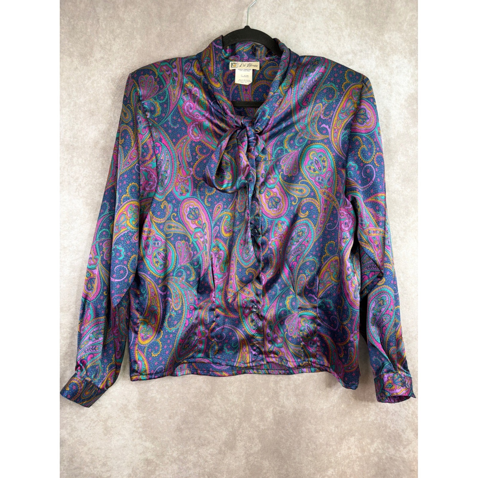 LaBlouse Paisley Tie Neck Women 12 Multicolor Vintage 80s Long Sleeve